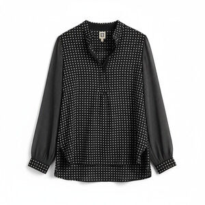 Anne Klein Mixed Dot Print Poet Blouse Polka Dot Semi Sheer Top Black M Parisian